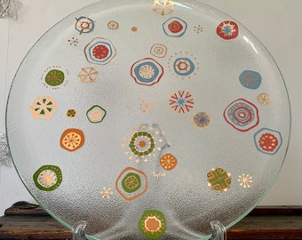 XL Atomic Style 13 3/4”x 13 3/4” GAY FAB Discont’d Glass Serving Tray/Platter w/Vibrant Retro Designs; Mid-Century Textured Glass Barware