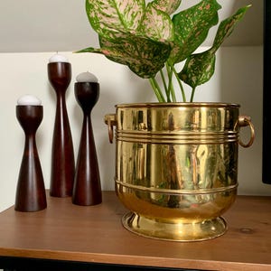 Mid-Century 8 1/8”x 10” Rustic Dutch Solid Brass Planter/Jardiniere; Traditional Stripped Design & Ring Handles Engraved HOLLAND c.1950-70s