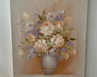 Vintage 16”x12” Pastel Floral Oil Painting On Canvas c.1970/80 Signed By Artist; Floral Still Life Original Hand Painted w/Authenticity Seal