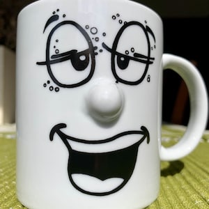 Unused Vintage Double-Sided 10 floz White Anthropomorphic Ceramic Mug; Whimsical 3D Funny Face/Emoticon Mug; Retro Collectors Coffee/Tea Mug