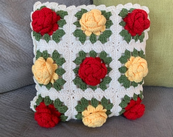 Unused Handcrafted 16”x16” Crocheted Granny Square Decorative Cushion Coverlet & Cushion w/Large Berry and Yellow Roses; Vibrant Toss Pillow