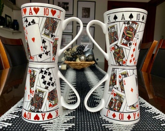 Unused Set of Four 10 fl oz GRYPHONWARE Playing Cards Ceramic Coffee Mugs c.1970-80s; Novelty Deck of Cards Mug Set/Decor; Bridge/Poker Gift
