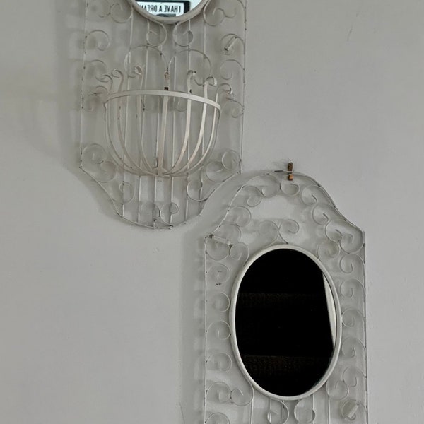 Vintage 19” Distressed White Iron Framed Wall Mirror w/Planter; Sold Separately OR As A Pair; Art Deco/Parisian/Shabby Chic Wall Decor
