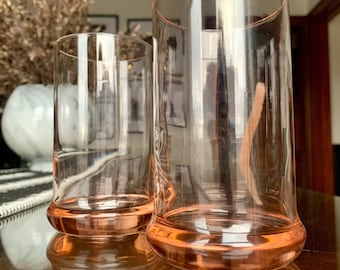 Unused Pair/2 of Vintage 12 fl oz Blush Pink Glass Tumblers w/Bevelled Base c. 1960-80s; Mid-Century Highball/Cocktail/Beverage Glasses