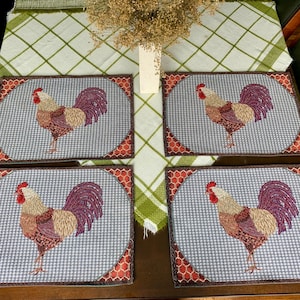Unused Set of Four Vintage 17.5”x 12.5” Rectangular Woven Tapestry Rooster Placements; Rustic, Farmhouse, Colourful Table Decor c.1980-90s