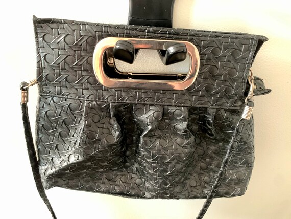 Vintage Black Woven Leather Handbag w/Top Handle … - image 3
