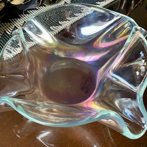 XL Handcrafted Vintage 4 3/4”x 12 1/2” Iridescent Handkerchief Folded Art Glass Bowl; One-of-a-kind Pinched Decorative &/or Serving Bowl
