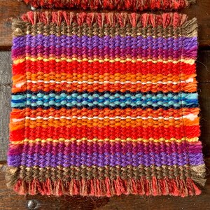 Vintage Set of Four 6.5”x6” Handwoven Vibrant Wool Trivets/Large Coasters; Never Used Multifunctional; Boho/Retro Vibe; Vintage Wall Decor