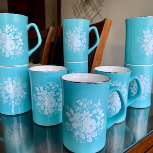 Mid-Century ROYAL WINTON Aqua/Platinum Grimwades English Bone China Tea/Coffee Mugs; Taunton Vale w/White Rose Motif Sold in Pairs c.1934-51