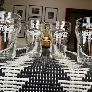 Unused Set of Four Vintage 4 3/4” Restaurant Sized 9 floz COCA-COLA Glasses; Double Sided Classic Tulip Shaped Coke Glasses Made in Canada