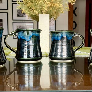 Unused Pairs/2 of 10 floz Handcrafted Multi-Toned Drip Glaze Flared Studio Art Pottery Coffee/Tea Mugs w/Ornate Handles Signed by Artist