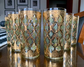 Six Mid-Century 12 fl oz Filigree Gold/Green Highball Glasses Sold in Various Sized Sets; Discontinued, Vintage Blown Glass Flat Tumblers