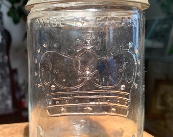 Vintage 1932 CROWN Midget Glass Mason Jar w/Zinc Ring; Embossed Glass w/Diamond D 1932 on Base; Bubbles Throughout w/Original Glass Lid