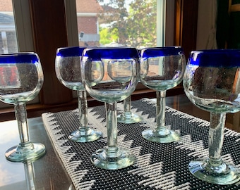 Six 1990s Handblown 11.5-13.5 fl oz Recycled Balloon Shaped Stemmed Glassware w/Cobalt Blue Rim Purchased in Mexico Sold in Pairs/Sets of 2