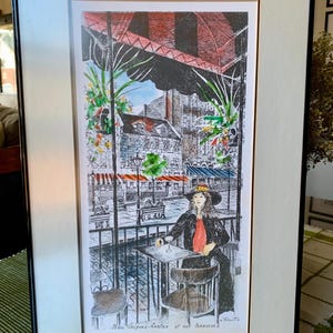 Mid-Century 23”x14”Etched/Watercolour “Place Jacques-Cartier Et Ses Terrasses” 60-70s Artwork by M.Thibautt Encased/Professional Metal Frame