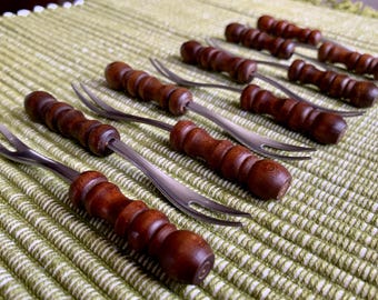 MCM Two-Tine 4 1/8” Stainless Steel Cocktail/Appetizer Forks w/Ornate Solid Walnut(?) Wood Carved Handles Sold in Sets of 4/6 Made in Japan