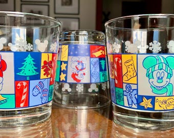 UNUSED Set of Three Vintage 11 floz Vibrant Holiday ANCHOR HOCKING Mickey & Minnie  Lowball Glass Tumblers w/Wrap Around Designs c. 1980-90s
