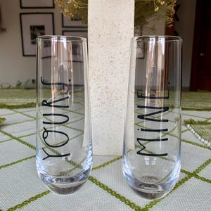 Unused Pair of Discontinued 9.5floz/285ml RAE DUNN Rustic Farmhouse Series by Magenta “Yours” “Mine” Stemless Wine/Champagne Glass Flutes