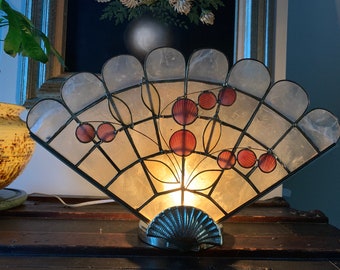 1970s 10 1/2”(H)x 15 3/4” (W)x 5 1/2” (D) Capiz Seashell & Brass Fan Shaped Lamp w/Floral Design/Motif; Mother of Pearl Lamp w/Brass Accents
