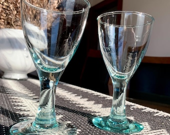 Unused Pair/2 of 6 1/2” fl oz Recycled Blown Turquoise Glass 6” Plain Bowl w/Thick, Smooth Pillar Stem Made In Spain; Recycled Wine Glasses