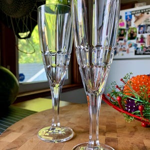 Unused, Discont’d Pair/2 of 8 3/4” BOHEMIA CRYSTAL-CRYSTALEX Flutes; Heavy, Clearcut Boxes, Multi-sided Stem w/Ornate Base; Elegant Barware