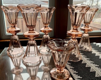 Sold in Pairs, UNUSED Vintage 5 1/4”x 4” Elegant Tulip Shaped Pink Glass KIG Dessert Cups; Fluted/Panelled/Footed Dish; Save w/Multiple Sets