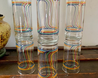 Six Rare UNUSED 10.5 fl oz LIBBEY Vibrant Memphis Style Squiggle Highball Glasses Sold In Various Sets (2/4/6); Mid-Century Glass Tumblers