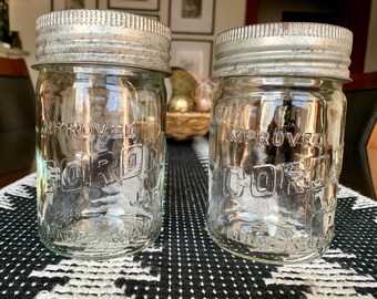 Vintage/Antique 5 1/8”x 3 1/8” Wide Mouth Three-Quarters Pint IMPROVED CORONA JAR w/Original Glass Lid/Zinc Sealer; 12.5 fl oz Canning Jar