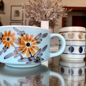 Unused Vintage OTAGIRI JAPAN Collectible Stoneware Coffee Mug OR Soup Mug; Handcrafted 1970s w/Abstract Flower/Polka Dot Sold Individually