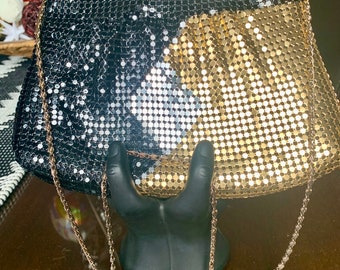 Vintage 6 3/4”x 10” Crossbody/Shoulder 80’s Metal Mesh Black/Gold/Silver Evening or Rocker Bag w/22” Art-Deco Chain Strap & Zipper Closure