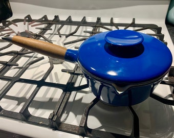 Vintage 4 3/4” x 13 1/4” Michael Lax Blue Cast Iron Enamelware Sauce/Soup Pan w/Teak Handle for COPCO #7101 Made In Denmark; Danish Modern