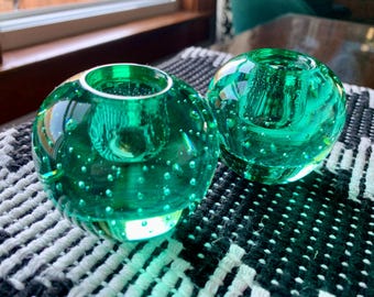 A Pair of Mid-Century Modern 2”x 2 1/2”Handblown Emerald Green Art Glass Candlesticks; Vintage Bullicante Orb Taper Candleholders c.1960-90s
