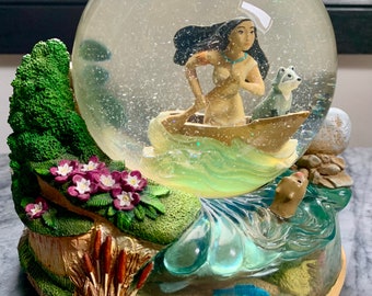 Vintage DISNEY Pocahontas “Just Around The River Bend” Ceramic/Glass/Resin Musical Snowglobe c. 1997;  Rare Disney Memorabilia; Large Globe