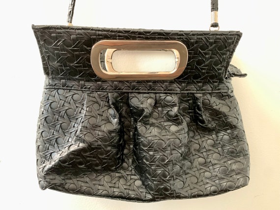 Vintage Black Woven Leather Handbag w/Top Handle … - image 8