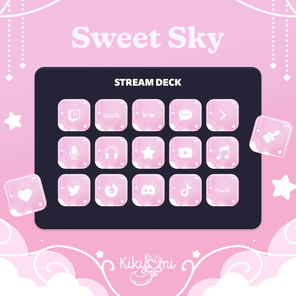 SWEET SKY Stream Deck Icons - Pack de 100 icônes esthétiques roses, violettes et blanches + 2 économiseurs d'écran dégradés | Actifs de streaming Twitch Youtube