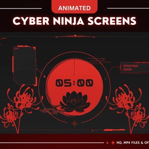 Cyber Ninja Animated Stream Screens - Red Japanese Sci-Fi Themed Pack - Twitch Scenes - Offline, Starting, Ending, BRB - Red Black Overlay