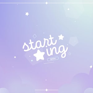 May include: A dreamy, pastel-colored background with a gradient of purple, pink, and blue hues. White text reads "starting" with a star graphic. The word "soon" is in a small box. Scattered stars and cloud shapes complete the design.