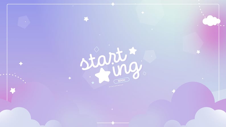 May include: A dreamy, pastel-colored background with a gradient of purple, pink, and blue hues. White text reads "starting" with a star graphic. The word "soon" is in a small box. Scattered stars and cloud shapes complete the design.
