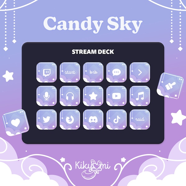 CANDY SKY Stream Deck Icons - Pack de 100 icônes esthétiques bleues, violettes et blanches + 2 économiseurs d'écran dégradés | Actifs de streaming Twitch Youtube