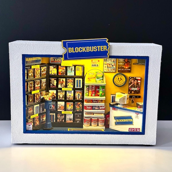 Blockbuster Videoverleih Shadowbox mit LED Licht, Retro VHS Videothek Szene, Videoladen, Handgefertigtes Sammlerstück, Geschenk