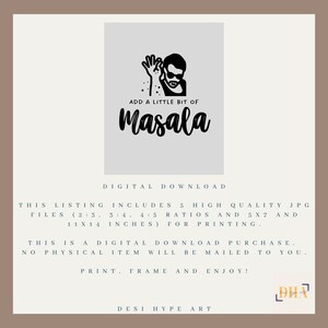 May include: A digital download of a black and white illustration of a person sprinkling masala, with the text "Add a little bit of Masala".