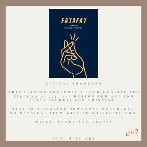 May include: A digital download listing for a printable art print featuring a yellow hand gesture with the Hindi phrase "Fatafat" (meaning hurry up) in black text on a dark blue background. The text "Jaldi kare, time nahi hai" (meaning hurry up, there is no time) is also included in smaller black text. The listing includes five high-quality JPG files in different aspect ratios for printing, including 11x14 inches.
