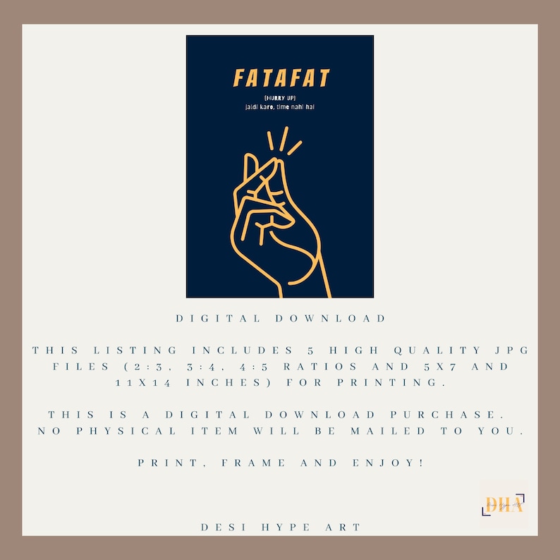May include: A digital download listing for a printable art print featuring a yellow hand gesture with the Hindi phrase "Fatafat" (meaning hurry up) in black text on a dark blue background. The text "Jaldi kare, time nahi hai" (meaning hurry up, there is no time) is also included in smaller black text. The listing includes five high-quality JPG files in different aspect ratios for printing, including 11x14 inches.