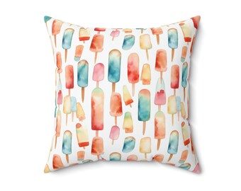 Watercolor Popsicles Spun Polyester Square Pillow Size 18x18 Throw Pillow.  Summer Fun pattern of popsicles in Blue, Orange, and Pink.