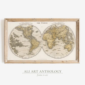 Frame Tv Art Vintage World Map Art / Hemisferio Oriental y Hemisferio Occidental Cálido Silenciado Vintage Beige / Arte para The Frame TV