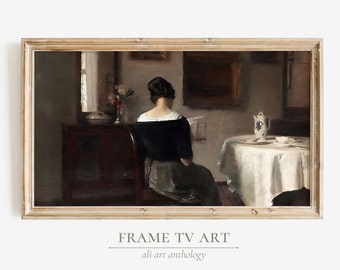 Frame Tv Art, Vintage Woman Reading Book At The Breakfast Table, Carl Holsoe Art For The Frame TV, Muted Warm Artwork