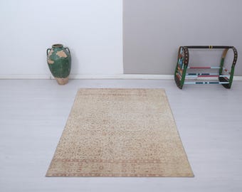 Vintage Turkish Oushak Rug 4x6, Muted Anatolian Rug, Wool & Cotton