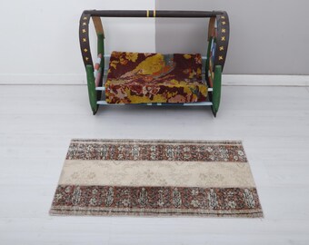 Handmade Wool Mini Rug: Vintage Turkish Oushak Door Mat (2.7 X 2.3