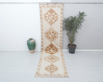 Handmade Wool Herki Runner Rug: 3x12 Bohemian Geometric Design