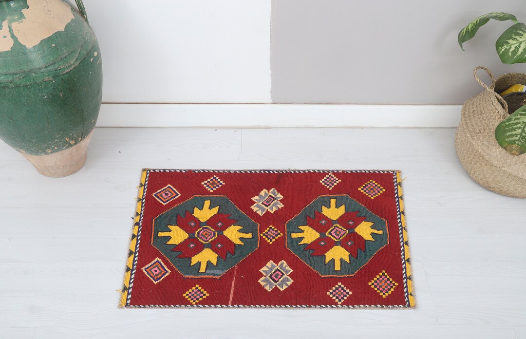 Red Yellow Small Rug, Small Vintage Door Mat, 2x3 Rug, Turkish Area Rug ...